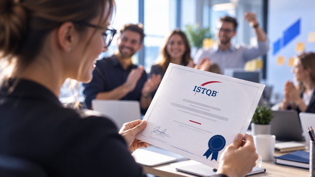 Účastníčka kurzu drží certifikát ISTQB, kolegovia jej tlieskajú