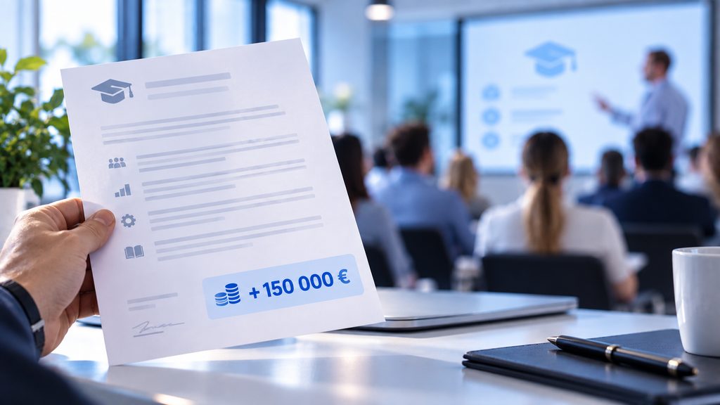 Dokument o príspevku na vzdelávanie zamestnancov do 150 000 eur, v pozadí školenie