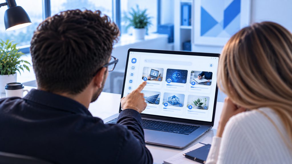 Dvaja kolegovia si pri notebooku prezerajú ponuku online kurzov